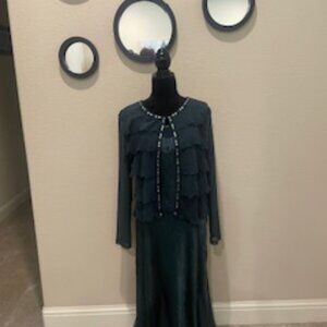 KOMAROV 2 PIECE DRESS W/PLEATS & JACKET BLUE CHARMEUSE/SIZE LARGE